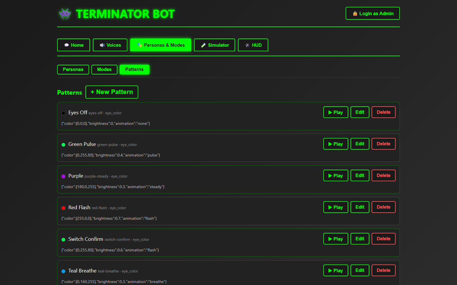 Admin console Patterns tab listing LED eye patterns like Green Pulse, Red Flash, Teal Breathe with Play buttons