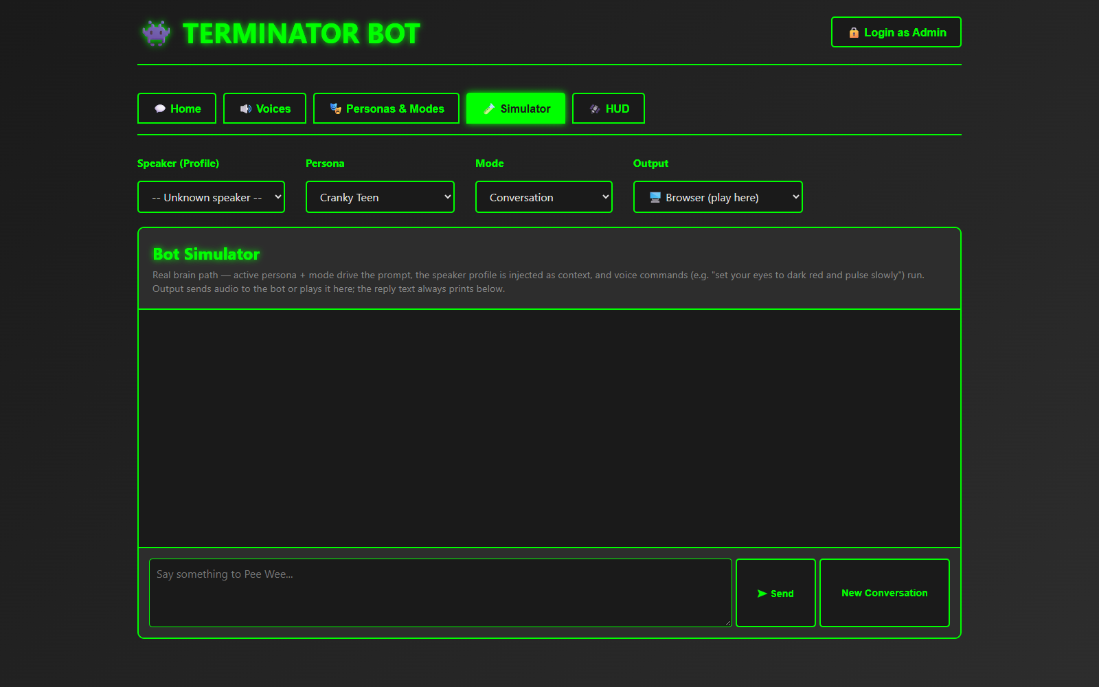 Bot Simulator tab with Speaker, Persona, Mode and Output selectors
