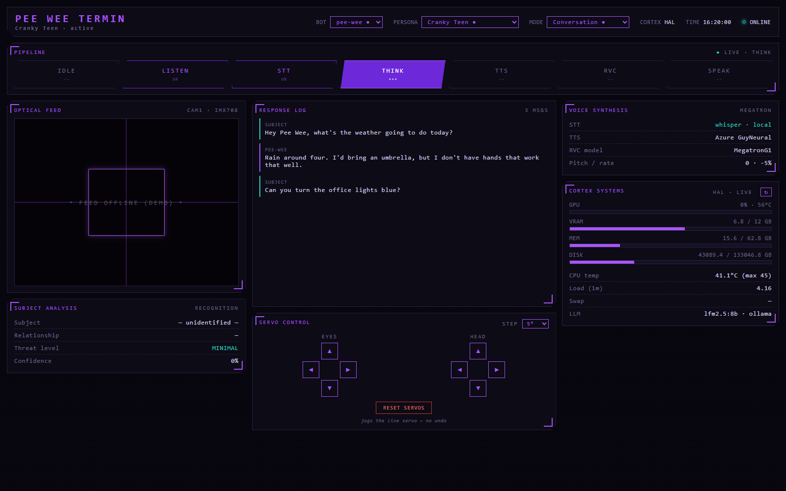 HUD in Conversation mode, purple theme, pipeline at THINK