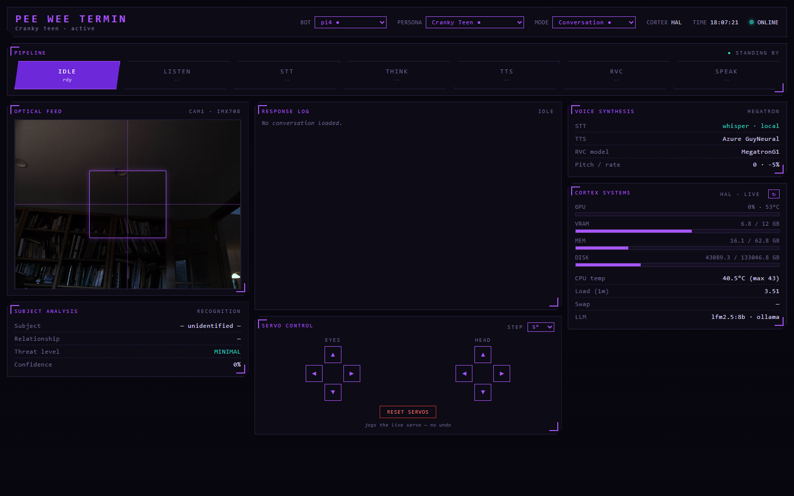 HUD standing by with the pi4 bot selected and a live camera feed, all stages idle
