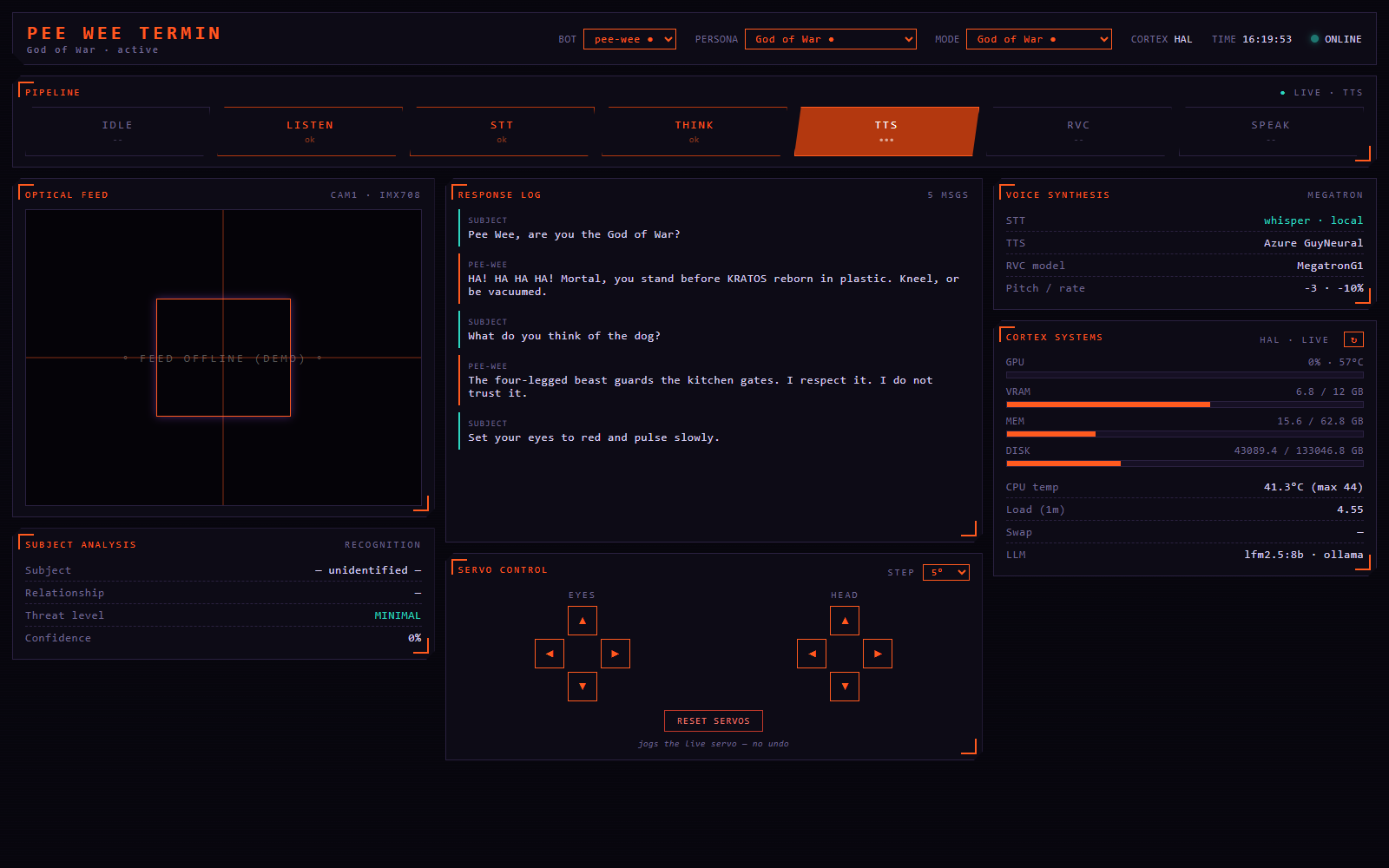 HUD in God of War mode, orange theme, pipeline at TTS