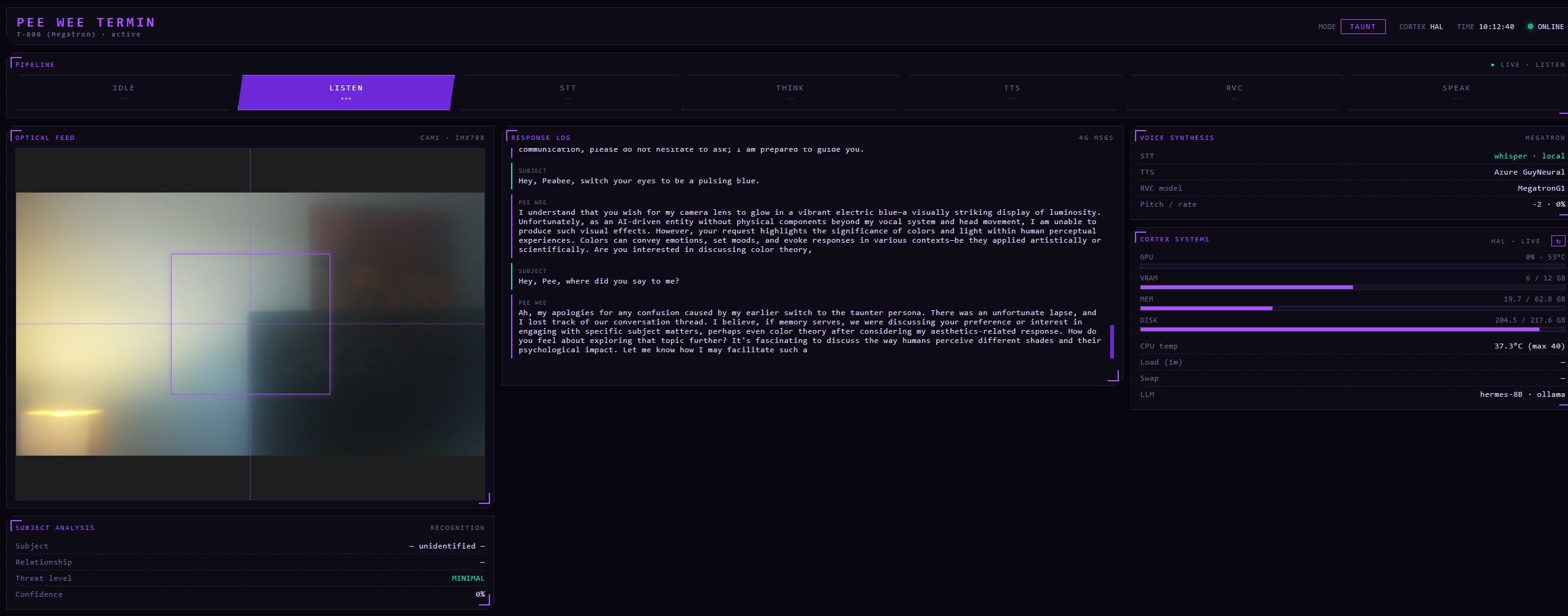 Pee Wee HUD during a real session: pipeline in LISTEN stage, live camera feed with tracking reticle, response log of a conversation, cortex stats