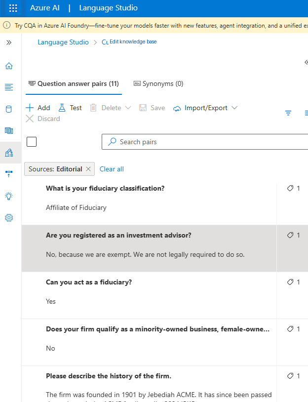 Question-and-answer pairs stored in Azure Language Studio