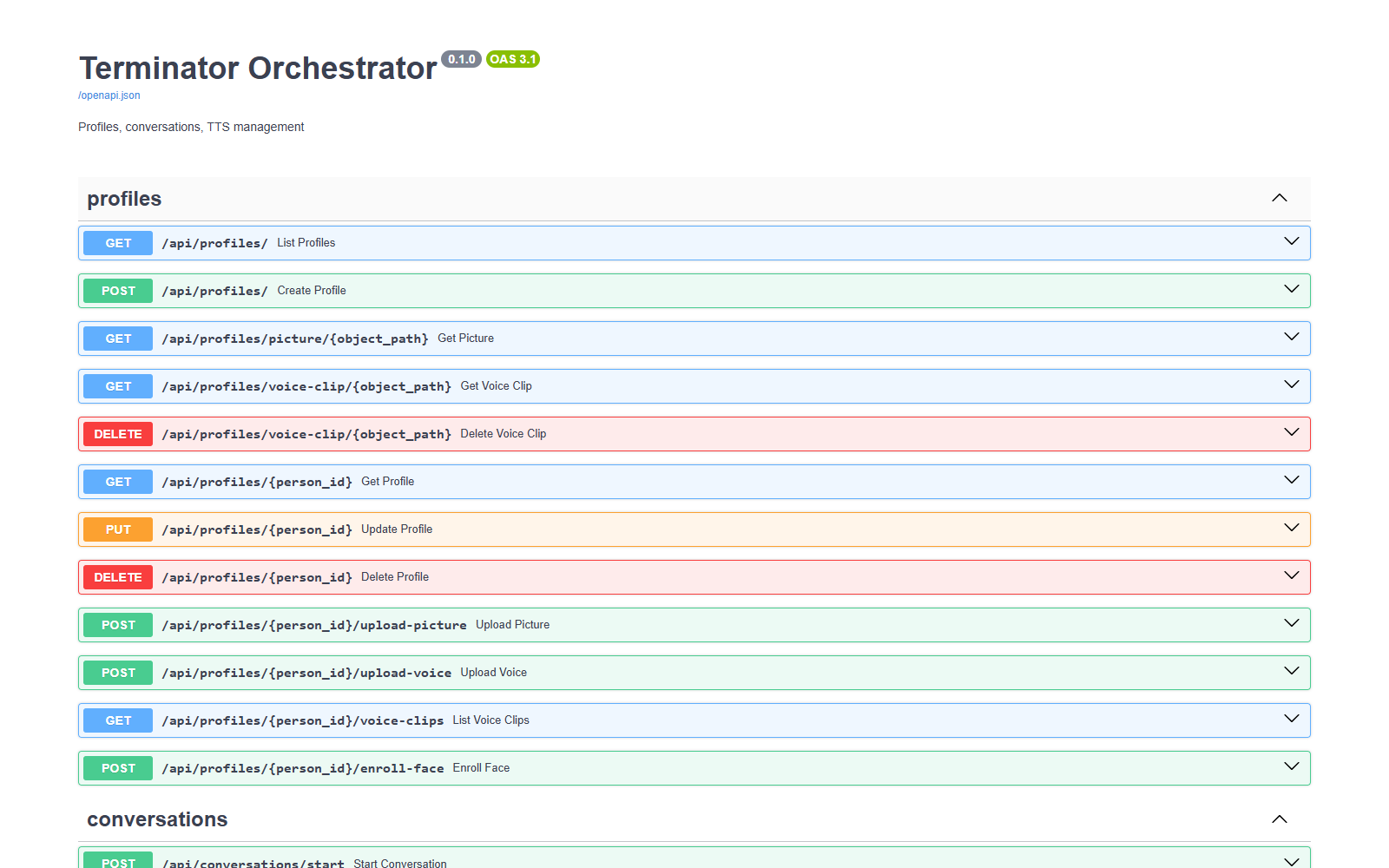Swagger UI for the Terminator Orchestrator showing profile endpoints