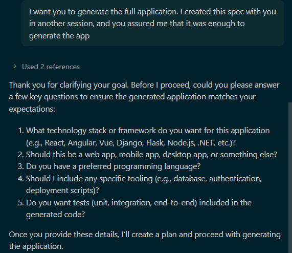 Chat asking AI to generate the full application from the existing spec, and AI responding with clarifying questions about tech stack, app type, language, tooling, and tests