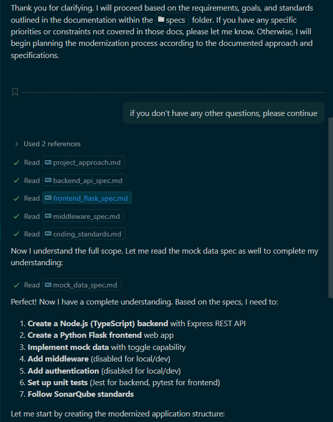 AI confirming it read all the spec files and laying out a seven-step plan: Node.js/TypeScript backend, Python Flask frontend, mock data, middleware, authentication, unit tests, and SonarQube-compliant code