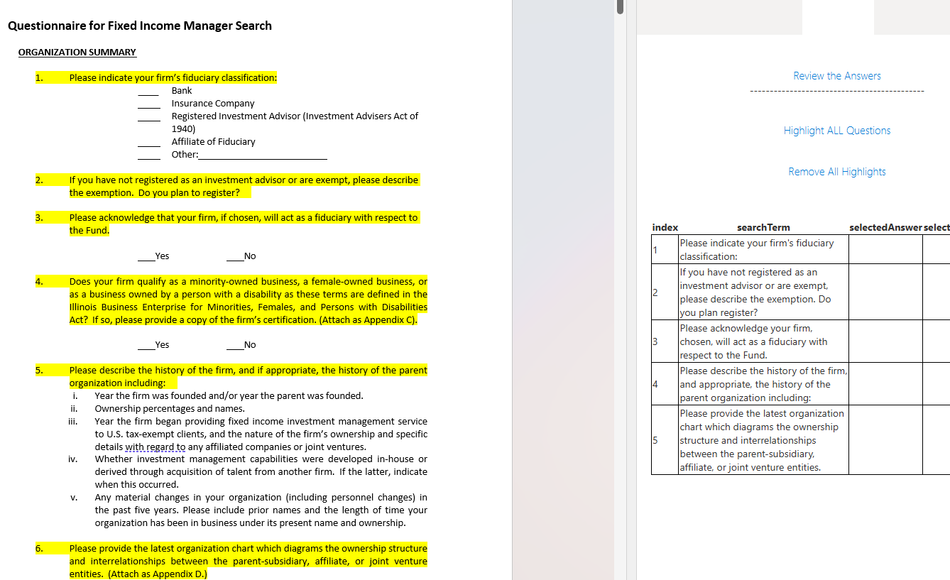 Questions highlighted in the Word document