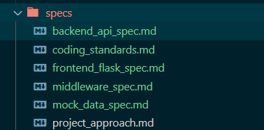 Specs folder containing backend_api_spec.md, coding_standards.md, frontend_flask_spec.md, middleware_spec.md, mock_data_spec.md, and project_approach.md