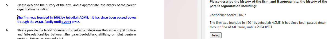 The selected answer inserted into the RFP