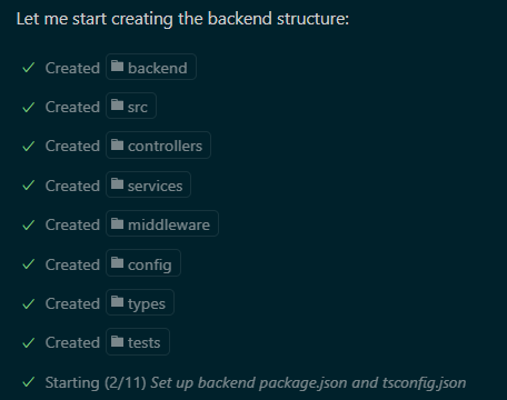 AI creating the backend folder structure: backend, src, controllers, services, middleware, config, types, and tests