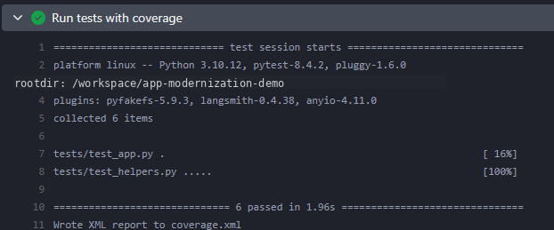 Terminal output showing the test suite running with coverage on commit: 6 tests passed