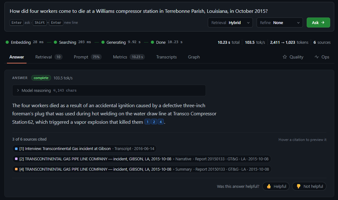 An answer citing a transcript and a report