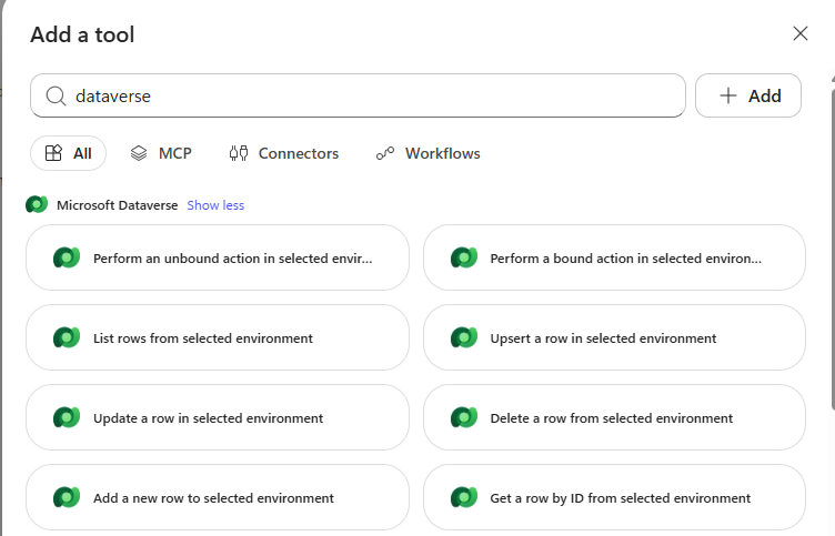 the Dataverse actions in the tool picker