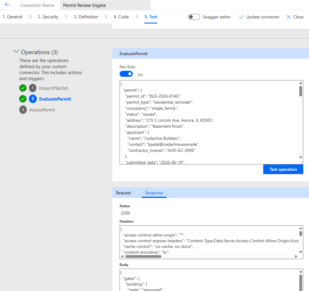 the connector's Test tab with EvaluatePermit returning 200
