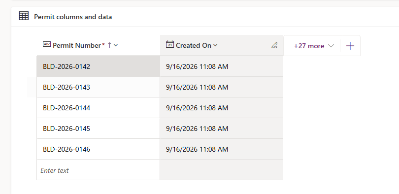 the Permit table in Dataverse showing the five seeded permits, BLD-2026-0142 through BLD-2026-0146